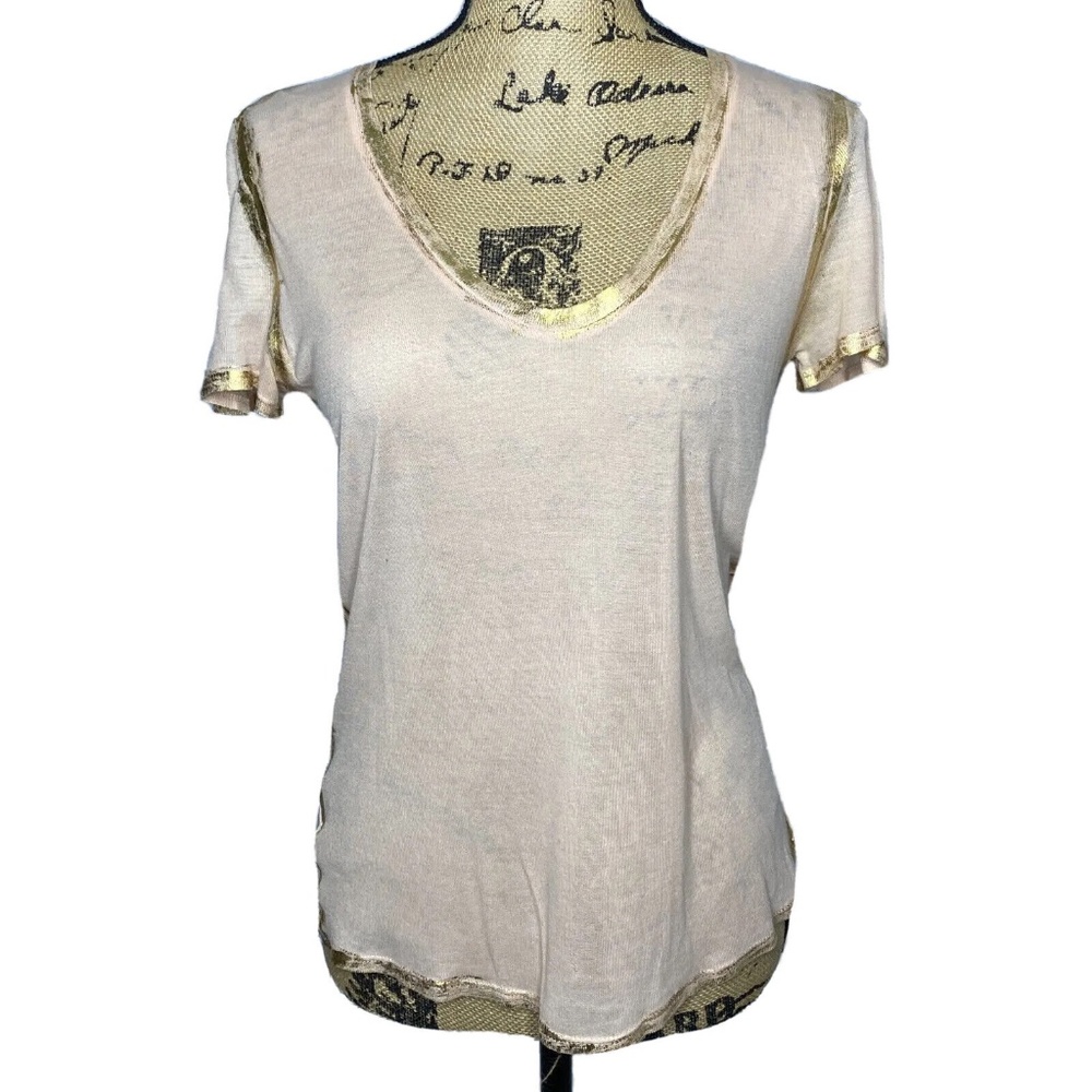 Zadig and Voltaire T Shirt XS Beige Gold V Neck Short Sleeve Top